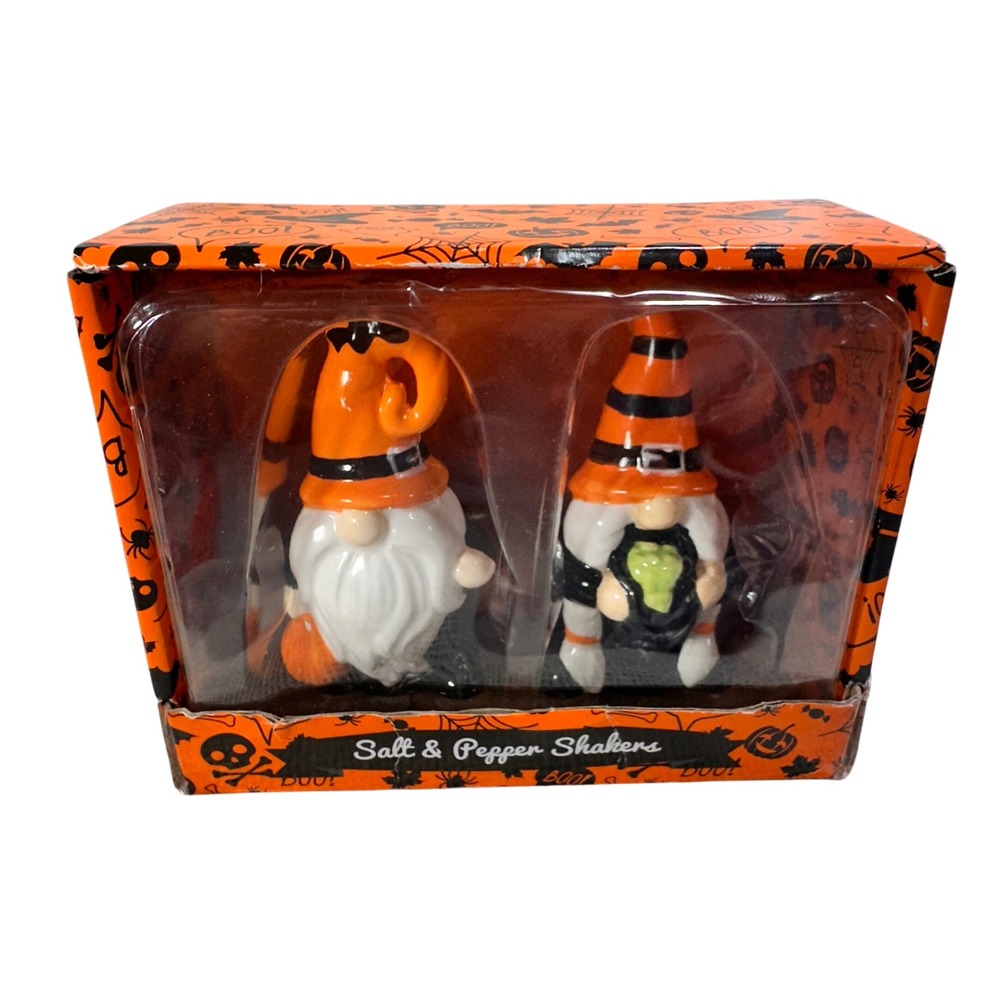 Halloween Gnome Salt and Pepper Shakers Set Ceramic Pumpkin Cauldron New